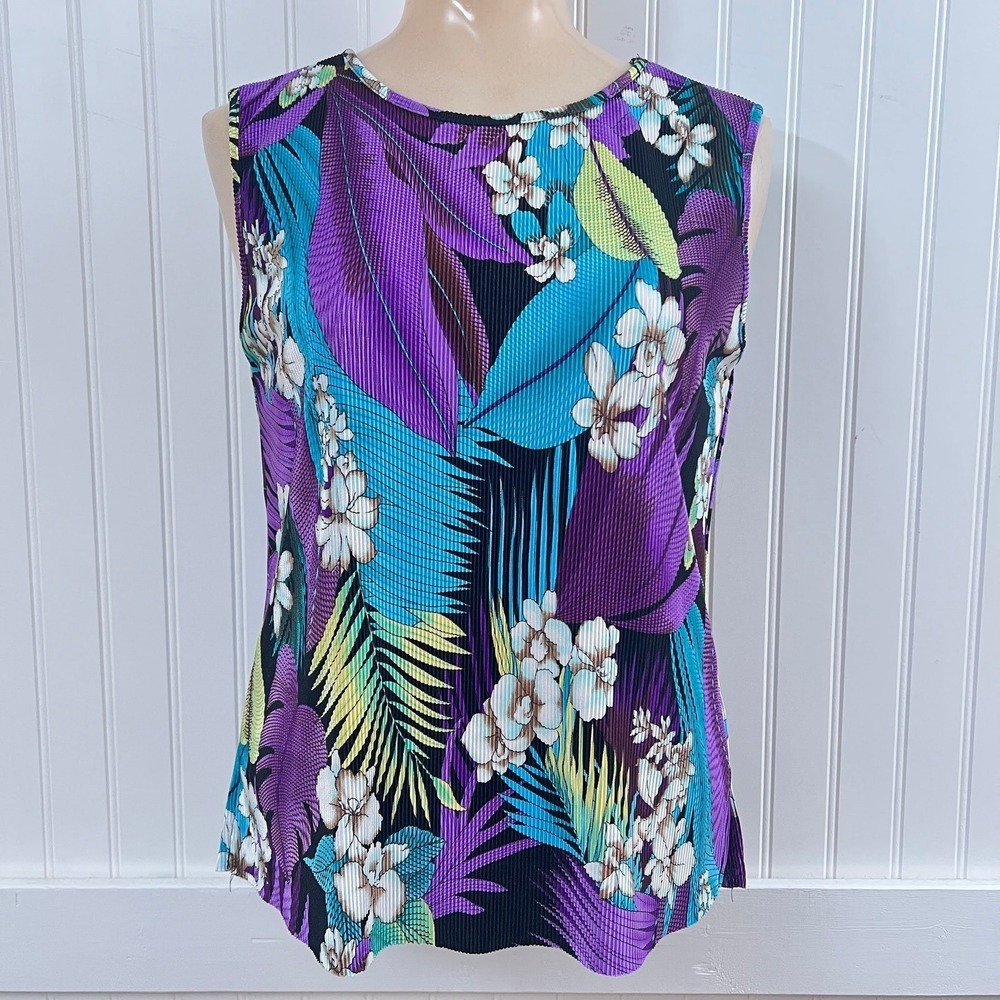 Dressbarn Blouse Y2K Tropical Floral Pleat Sleeveless Purple Blue Bright Resort